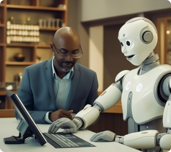 Professional and AI assistant collaborating at a workstation.