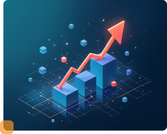 Upward trending growth visualization with charts and an arrow.